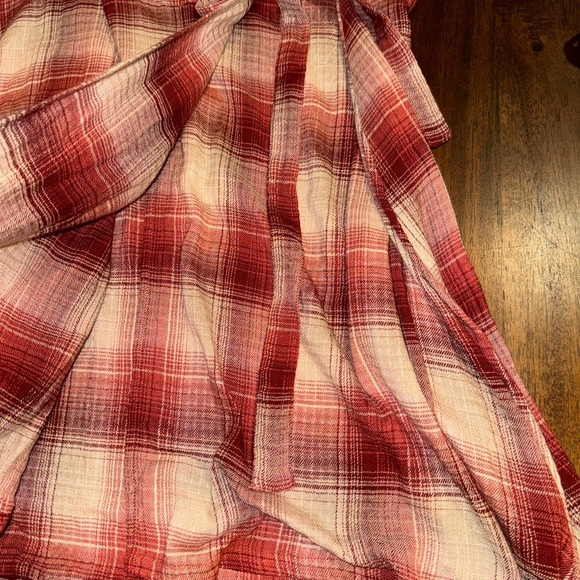 Melrose & Market Women's Sz L Red Rust Beige Plaid Wrap Tie Front Mini Dress - Picture 5 of 8